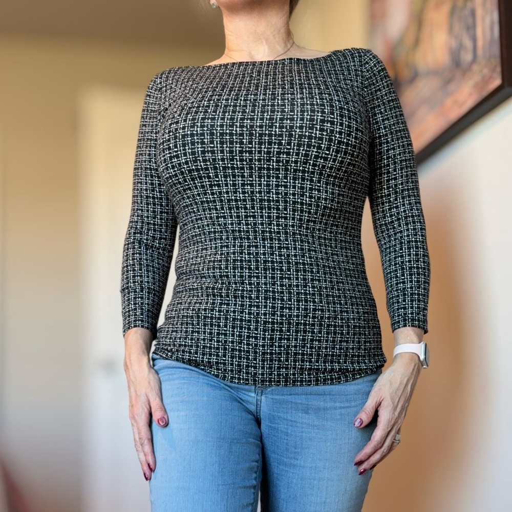 Ann Taylor Black and White Textured 3/4 sleeve top